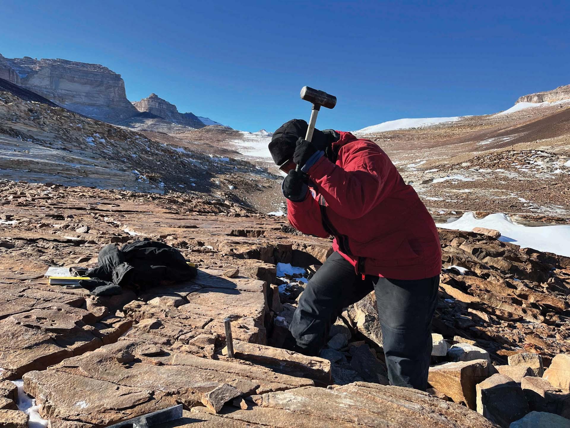 科学家在南极洲的田野上敲打木桩 
