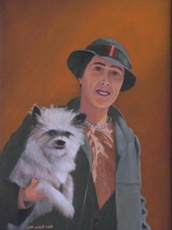 Virginia Gildersleeve抱着一只小白狗的画