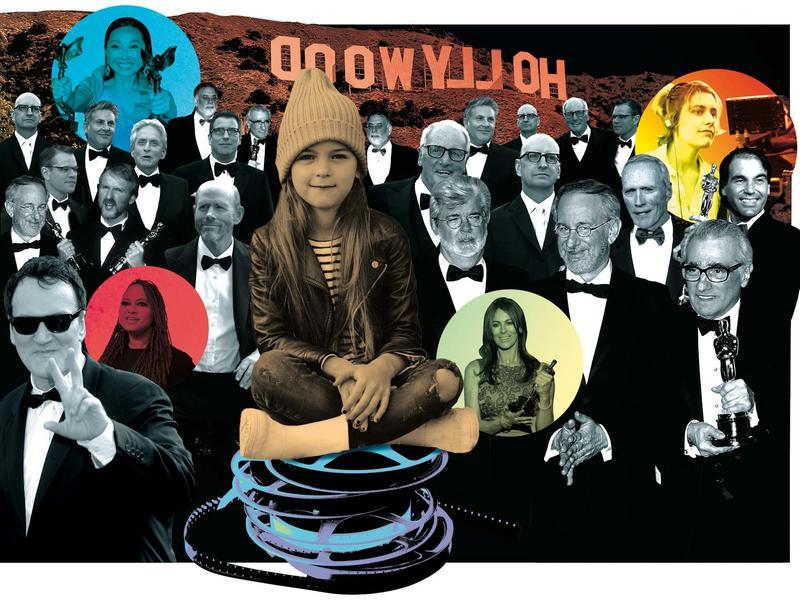 collage showing 2 dozen white men winning Oscars amid a handful of women