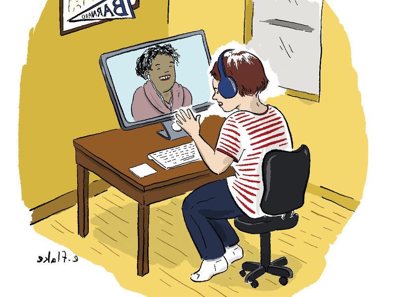 Woman speaking to another via computer--ilustration